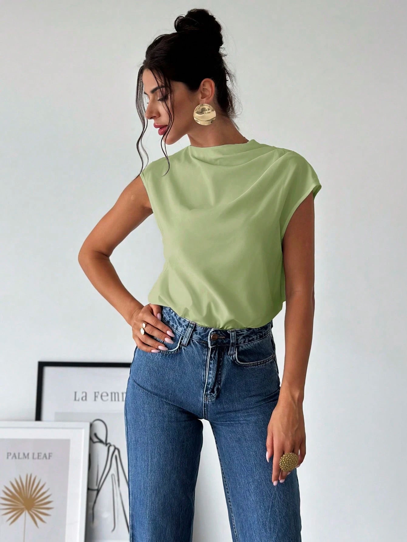 Firerie Women's Elegant Office Sage Green Summer Blouse,Minimalist Stand Collar Asymmetric Shoulder Pleated Fitted Top,Business Casual Vacation Outfits