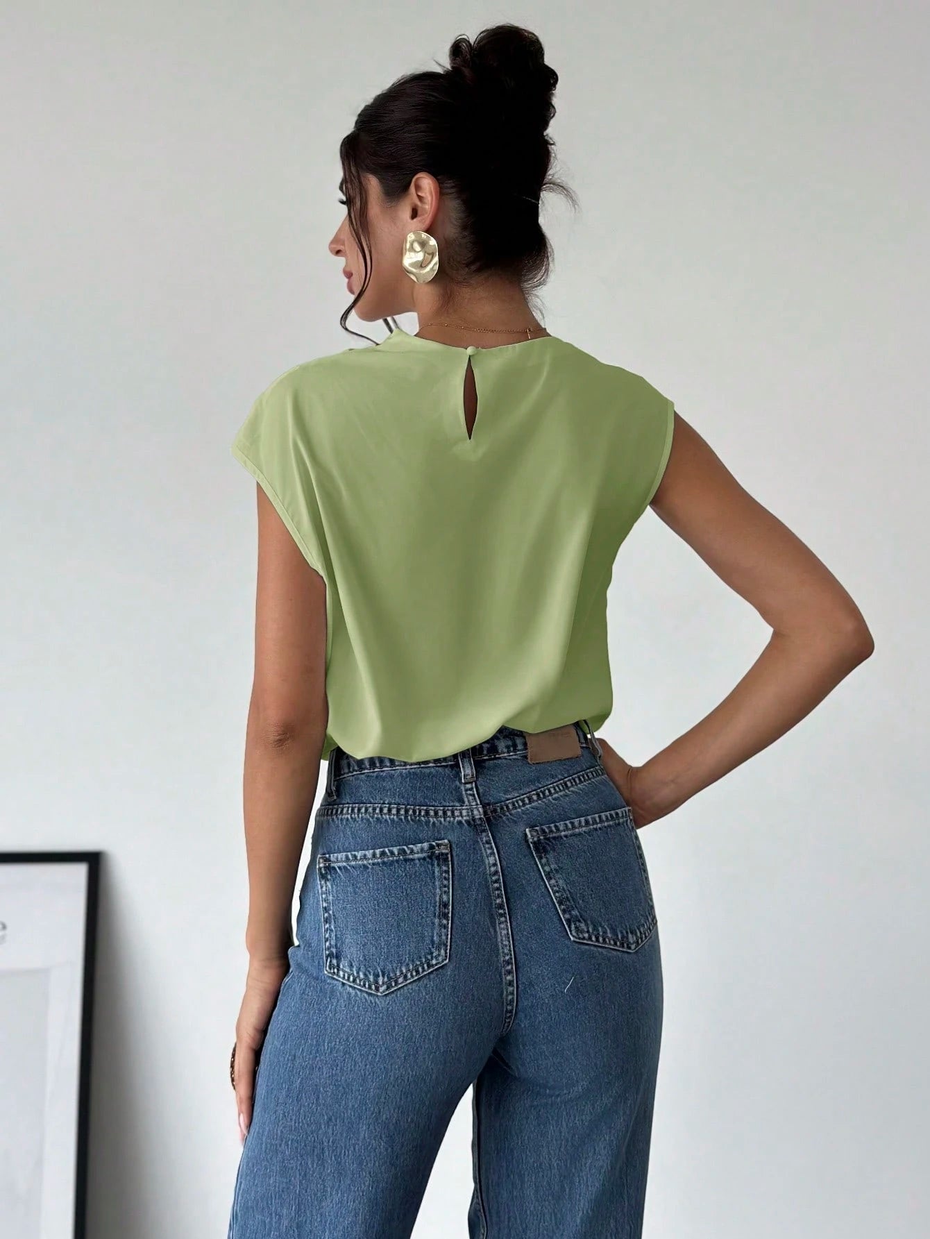 Firerie Women's Elegant Office Sage Green Summer Blouse,Minimalist Stand Collar Asymmetric Shoulder Pleated Fitted Top,Business Casual Vacation Outfits