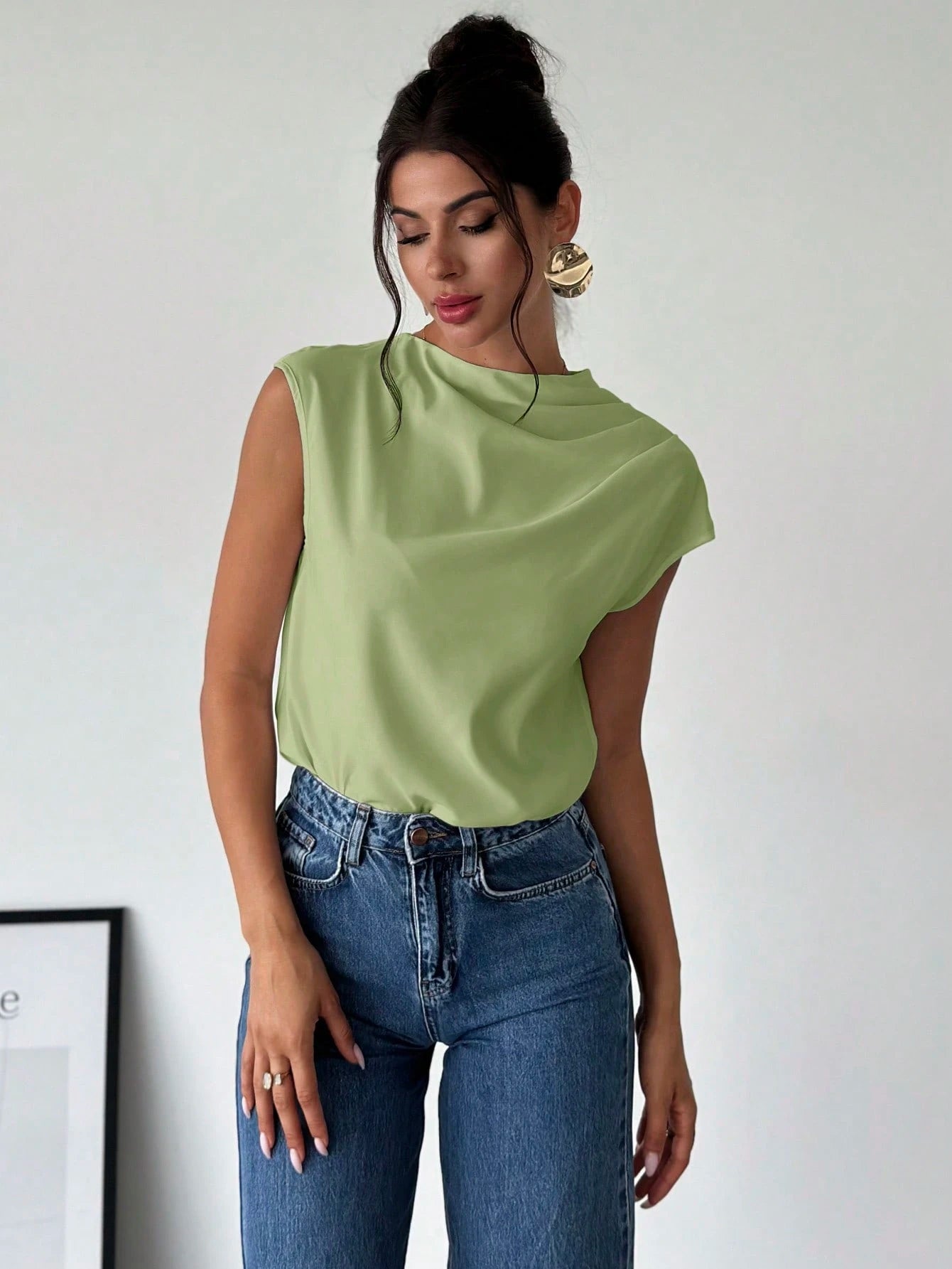 Firerie Women's Elegant Office Sage Green Summer Blouse,Minimalist Stand Collar Asymmetric Shoulder Pleated Fitted Top,Business Casual Vacation Outfits