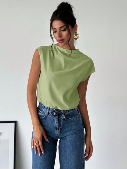 Firerie Women's Elegant Office Sage Green Summer Blouse,Minimalist Stand Collar Asymmetric Shoulder Pleated Fitted Top,Business Casual Vacation Outfits