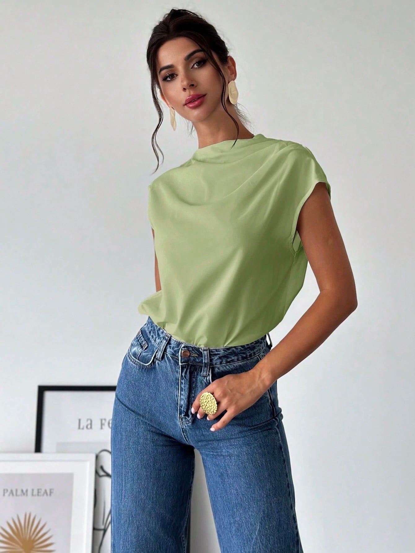 Firerie Women's Elegant Office Sage Green Summer Blouse,Minimalist Stand Collar Asymmetric Shoulder Pleated Fitted Top,Business Casual Vacation Outfits