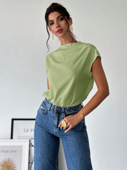 Firerie Women's Elegant Office Sage Green Summer Blouse,Minimalist Stand Collar Asymmetric Shoulder Pleated Fitted Top,Business Casual Vacation Outfits
