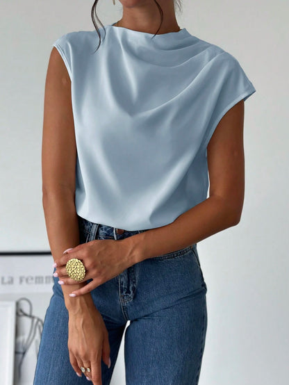 Firerie Women's Elegant Office Sage Green Summer Blouse,Minimalist Stand Collar Asymmetric Shoulder Pleated Fitted Top,Business Casual Vacation Outfits