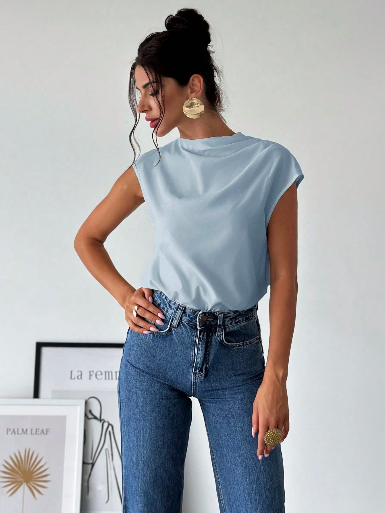Firerie Women's Elegant Office Sage Green Summer Blouse,Minimalist Stand Collar Asymmetric Shoulder Pleated Fitted Top,Business Casual Vacation Outfits