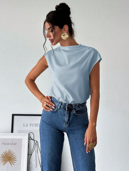 Firerie Women's Elegant Office Sage Green Summer Blouse,Minimalist Stand Collar Asymmetric Shoulder Pleated Fitted Top,Business Casual Vacation Outfits