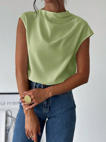 Firerie Women's Elegant Office Sage Green Summer Blouse,Minimalist Stand Collar Asymmetric Shoulder Pleated Fitted Top,Business Casual Vacation Outfits