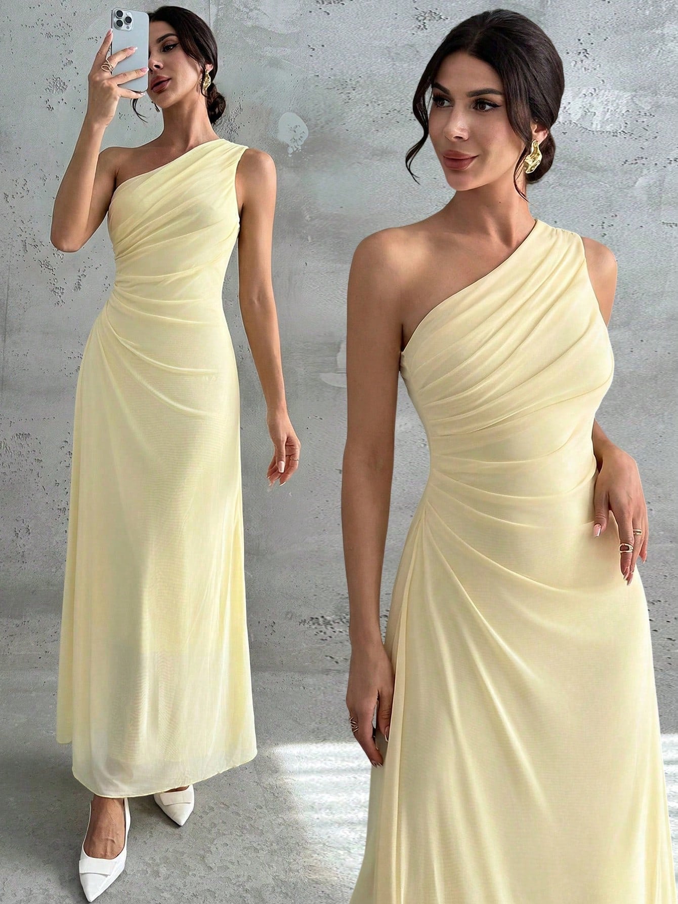 Firerie Women's Elegant Pale Yellow Summer Wedding Day Party Bar Party Garden Party Guest Dress One Shoulder Mesh Pleated A-Line Sleeveless Maxi Dresses