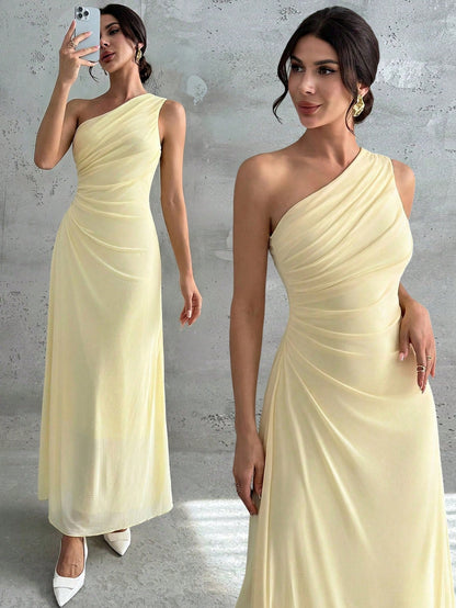Firerie Women's Elegant Pale Yellow Summer Wedding Day Party Bar Party Garden Party Guest Dress One Shoulder Mesh Pleated A-Line Sleeveless Maxi Dresses