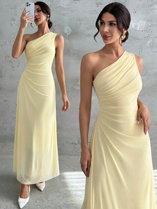 Firerie Women's Elegant Pale Yellow Summer Wedding Day Party Bar Party Garden Party Guest Dress One Shoulder Mesh Pleated A-Line Sleeveless Maxi Dresses