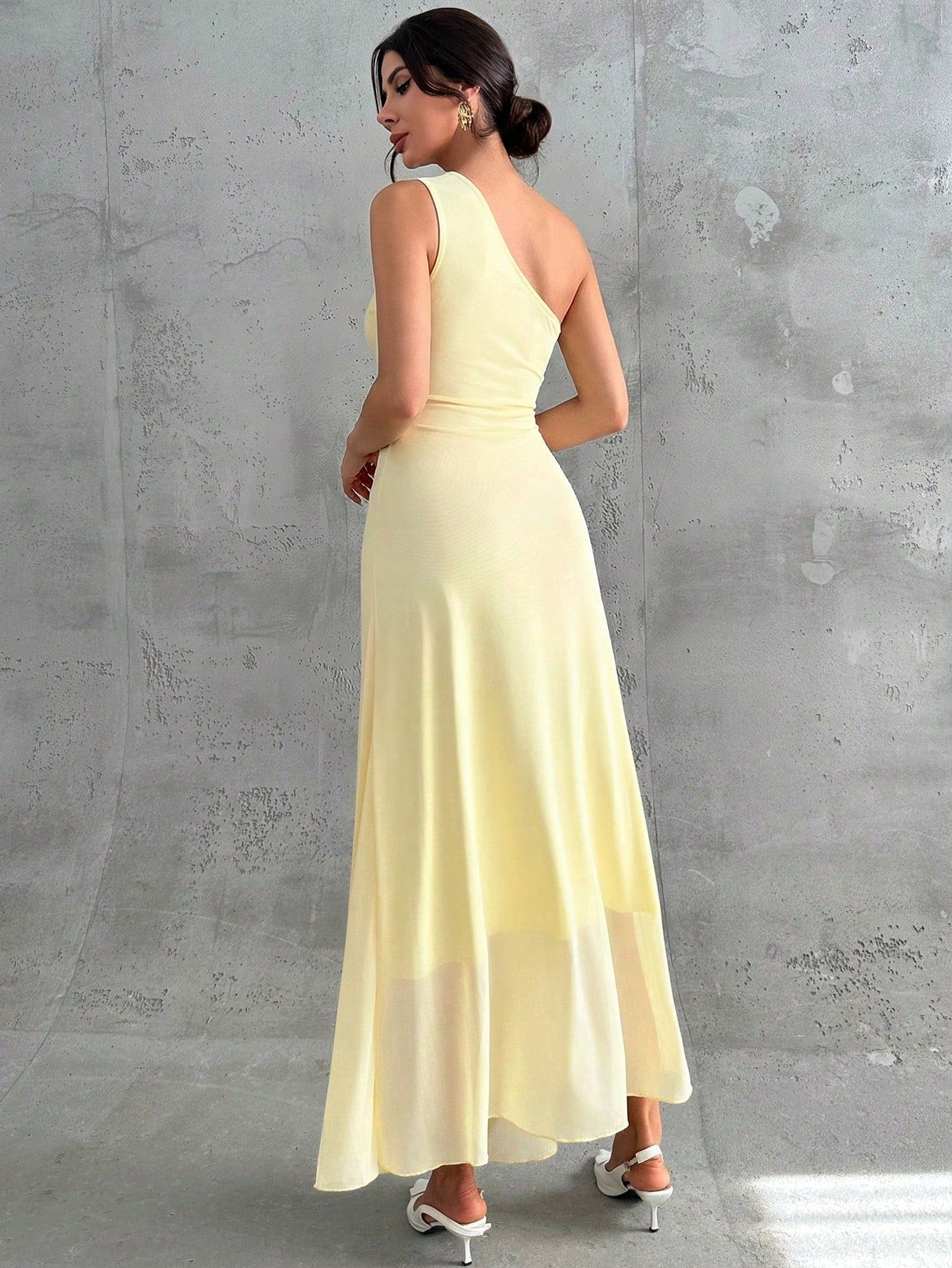 Firerie Women's Elegant Pale Yellow Summer Wedding Day Party Bar Party Garden Party Guest Dress One Shoulder Mesh Pleated A-Line Sleeveless Maxi Dresses