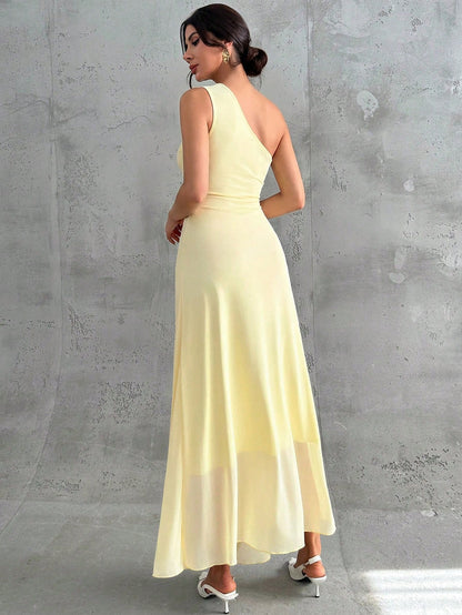 Firerie Women's Elegant Pale Yellow Summer Wedding Day Party Bar Party Garden Party Guest Dress One Shoulder Mesh Pleated A-Line Sleeveless Maxi Dresses