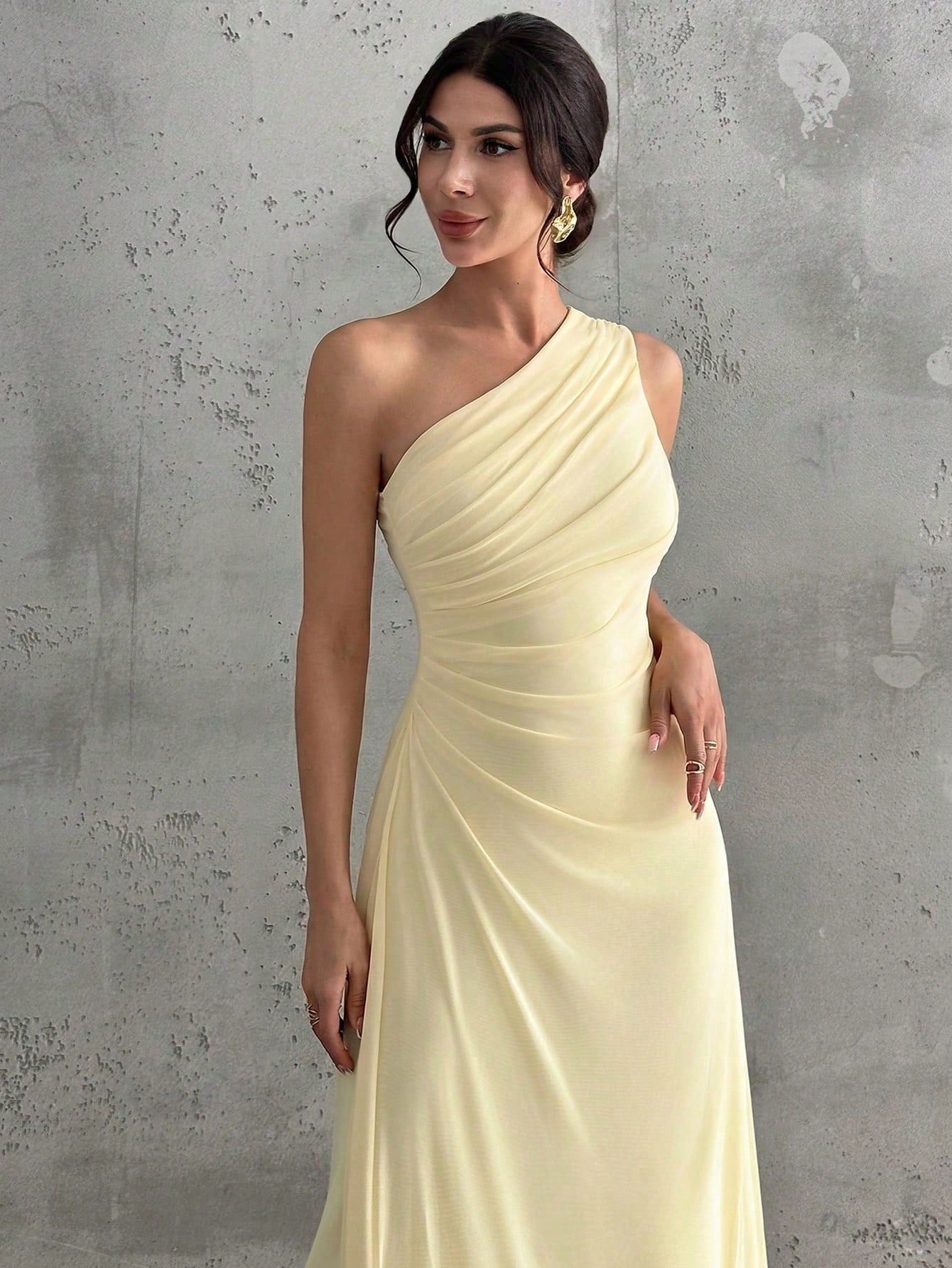 Firerie Women's Elegant Pale Yellow Summer Wedding Day Party Bar Party Garden Party Guest Dress One Shoulder Mesh Pleated A-Line Sleeveless Maxi Dresses