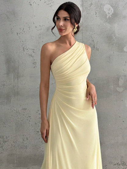 Firerie Women's Elegant Pale Yellow Summer Wedding Day Party Bar Party Garden Party Guest Dress One Shoulder Mesh Pleated A-Line Sleeveless Maxi Dresses