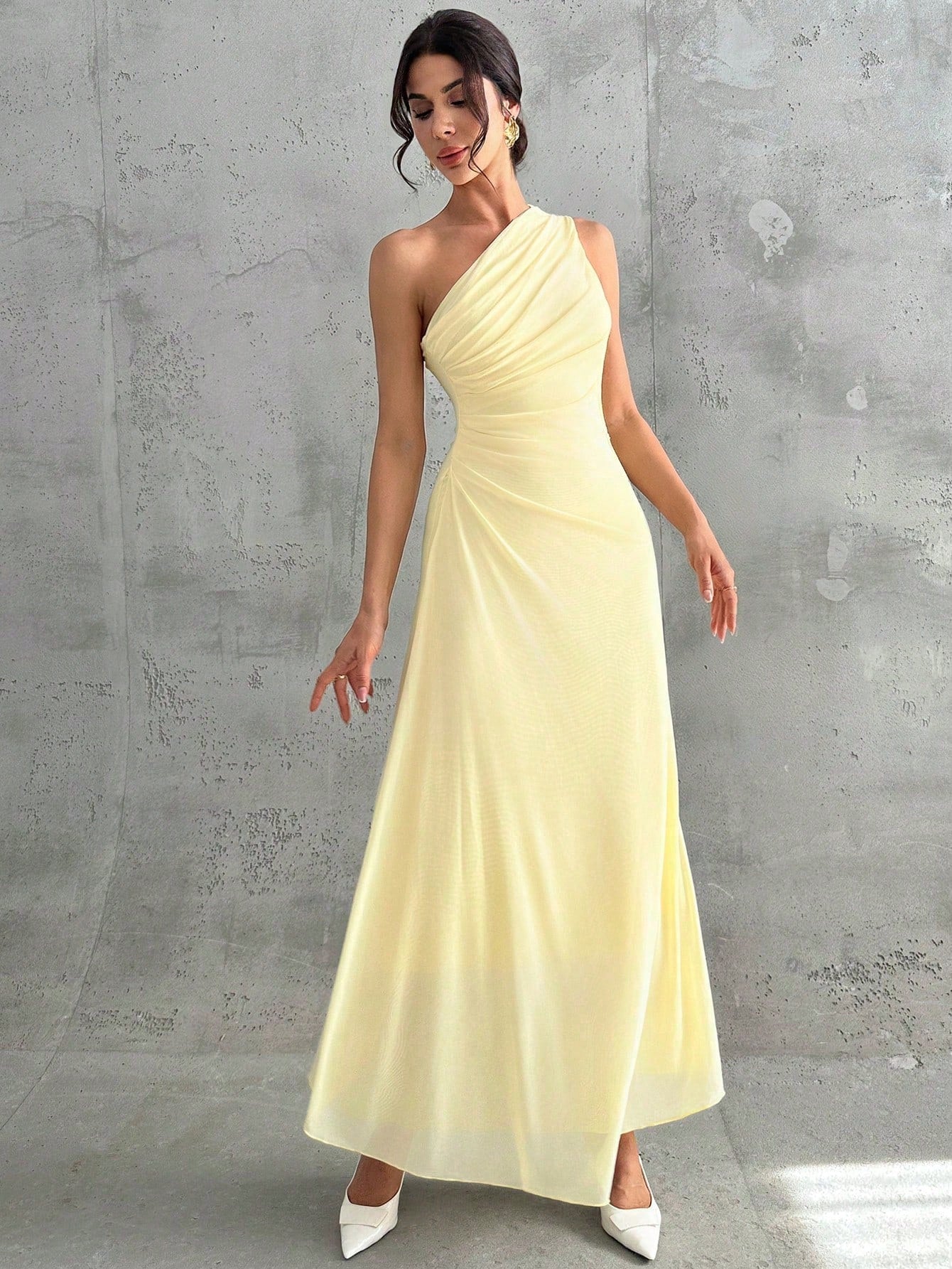 Firerie Women's Elegant Pale Yellow Summer Wedding Day Party Bar Party Garden Party Guest Dress One Shoulder Mesh Pleated A-Line Sleeveless Maxi Dresses