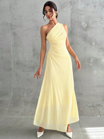 Firerie Women's Elegant Pale Yellow Summer Wedding Day Party Bar Party Garden Party Guest Dress One Shoulder Mesh Pleated A-Line Sleeveless Maxi Dresses