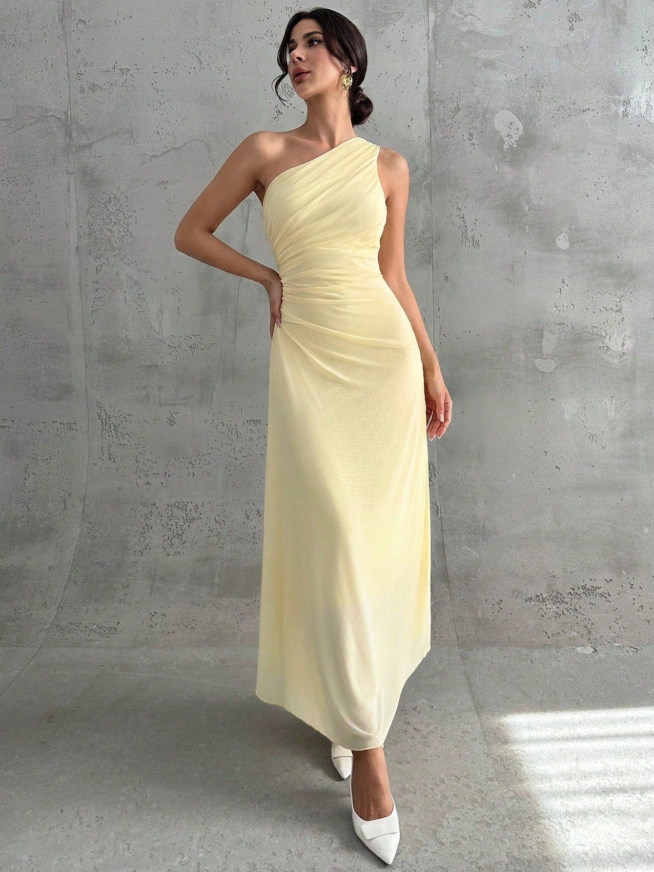 Firerie Women's Elegant Pale Yellow Summer Wedding Day Party Bar Party Garden Party Guest Dress One Shoulder Mesh Pleated A-Line Sleeveless Maxi Dresses