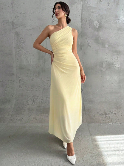 Firerie Women's Elegant Pale Yellow Summer Wedding Day Party Bar Party Garden Party Guest Dress One Shoulder Mesh Pleated A-Line Sleeveless Maxi Dresses