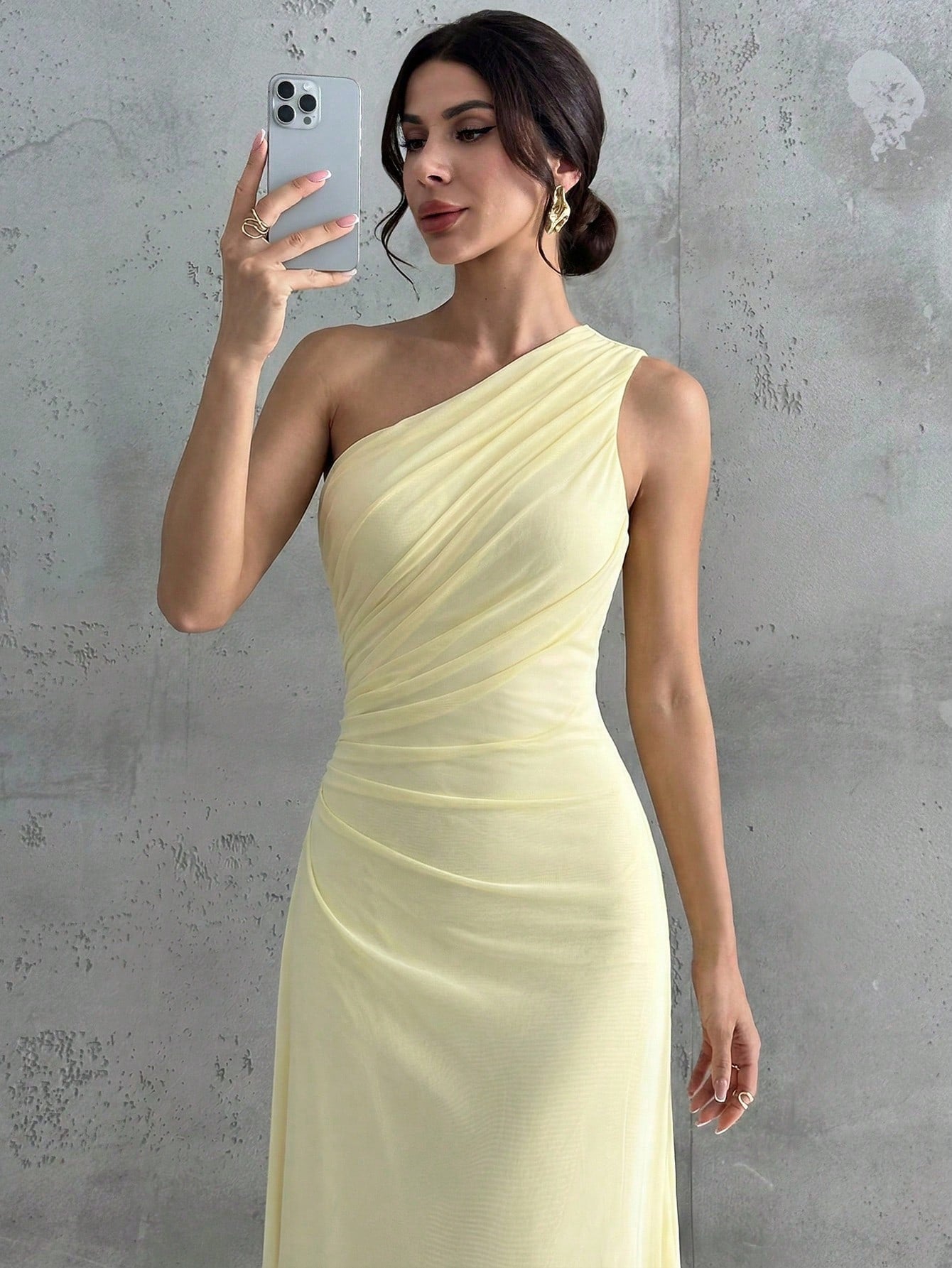 Firerie Women's Elegant Pale Yellow Summer Wedding Day Party Bar Party Garden Party Guest Dress One Shoulder Mesh Pleated A-Line Sleeveless Maxi Dresses