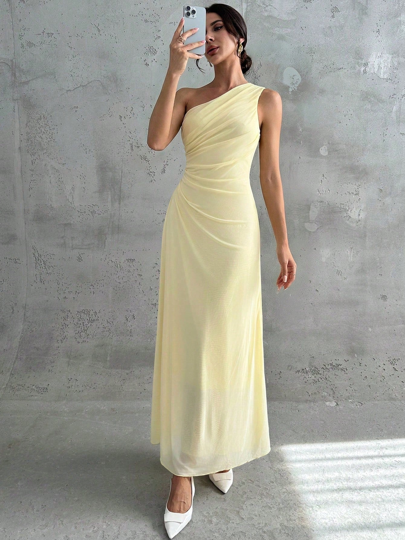 Firerie Women's Elegant Pale Yellow Summer Wedding Day Party Bar Party Garden Party Guest Dress One Shoulder Mesh Pleated A-Line Sleeveless Maxi Dresses