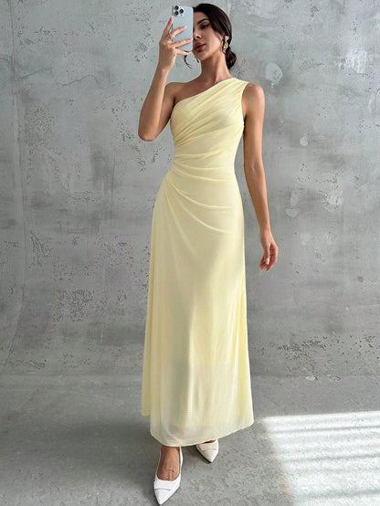 Firerie Women's Elegant Pale Yellow Summer Wedding Day Party Bar Party Garden Party Guest Dress One Shoulder Mesh Pleated A-Line Sleeveless Maxi Dresses