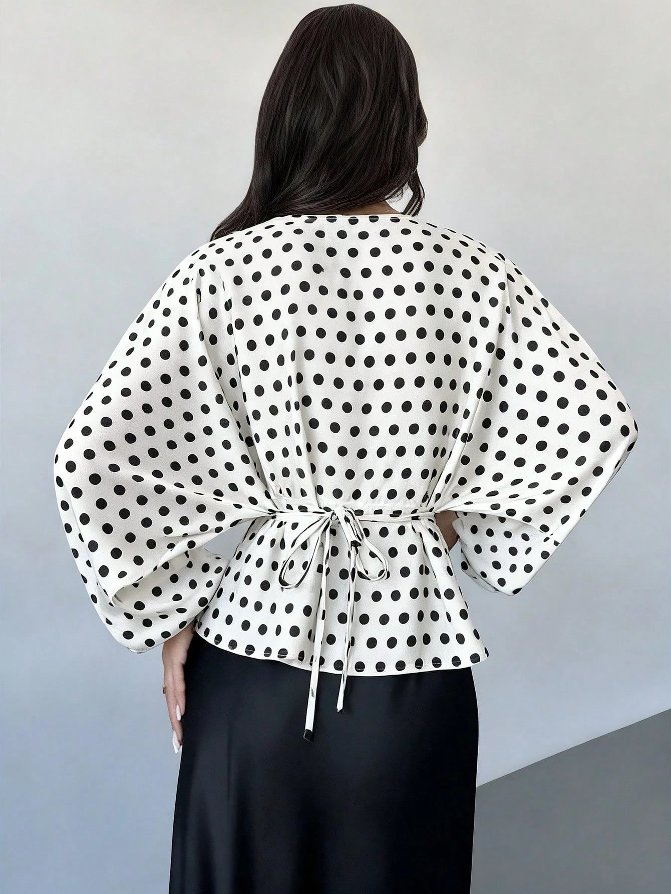 Firerie Women's Elegant White With Black Polka Dots Blouse Summer Office Brunch Wear Round Neck Batwing Long Sleeve Tie-Waist X-Shaped Regular Fit Top
