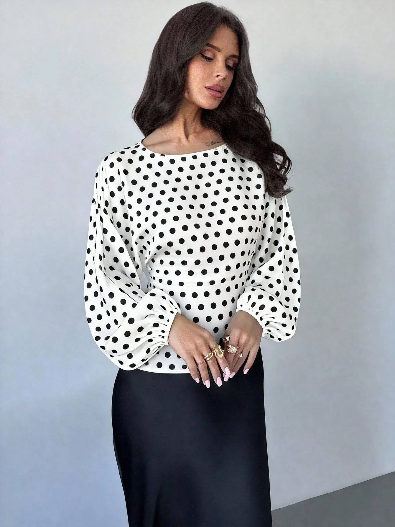 Firerie Women's Elegant White With Black Polka Dots Blouse Summer Office Brunch Wear Round Neck Batwing Long Sleeve Tie-Waist X-Shaped Regular Fit Top
