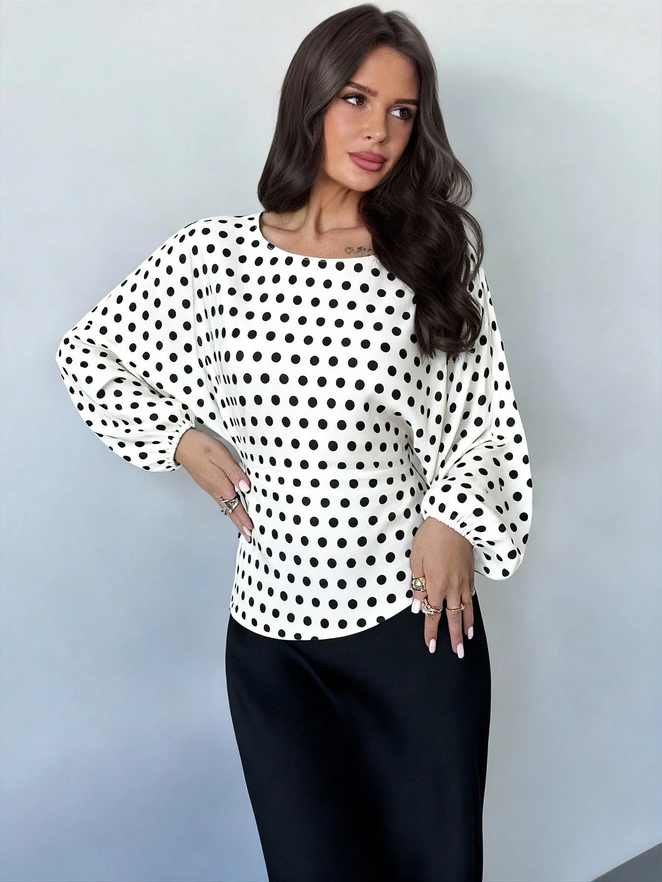 Firerie Women's Elegant White With Black Polka Dots Blouse Summer Office Brunch Wear Round Neck Batwing Long Sleeve Tie-Waist X-Shaped Regular Fit Top