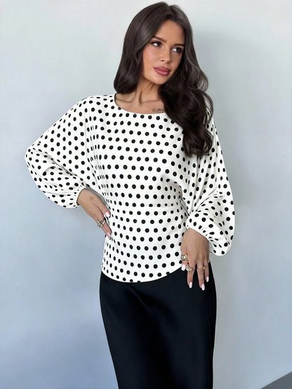 Firerie Women's Elegant White With Black Polka Dots Blouse Summer Office Brunch Wear Round Neck Batwing Long Sleeve Tie-Waist X-Shaped Regular Fit Top