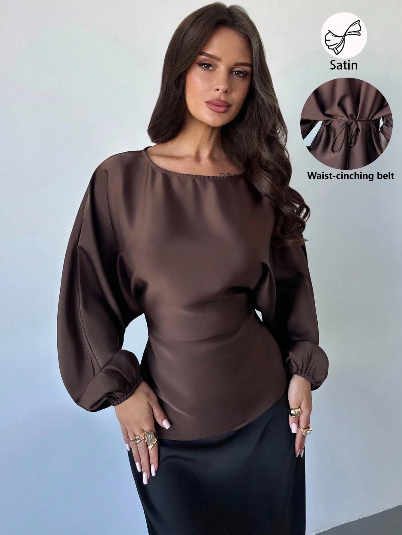Firerie Women's Elegant White With Black Polka Dots Blouse Summer Office Brunch Wear Round Neck Batwing Long Sleeve Tie-Waist X-Shaped Regular Fit Top