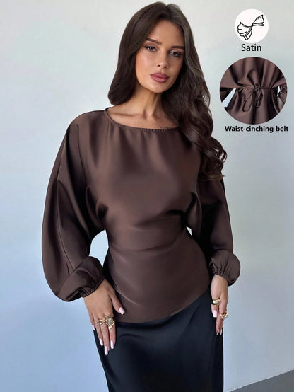 Firerie Women's Elegant White With Black Polka Dots Blouse Summer Office Brunch Wear Round Neck Batwing Long Sleeve Tie-Waist X-Shaped Regular Fit Top