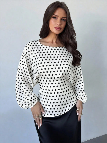 Firerie Women's Elegant White With Black Polka Dots Blouse Summer Office Brunch Wear Round Neck Batwing Long Sleeve Tie-Waist X-Shaped Regular Fit Top