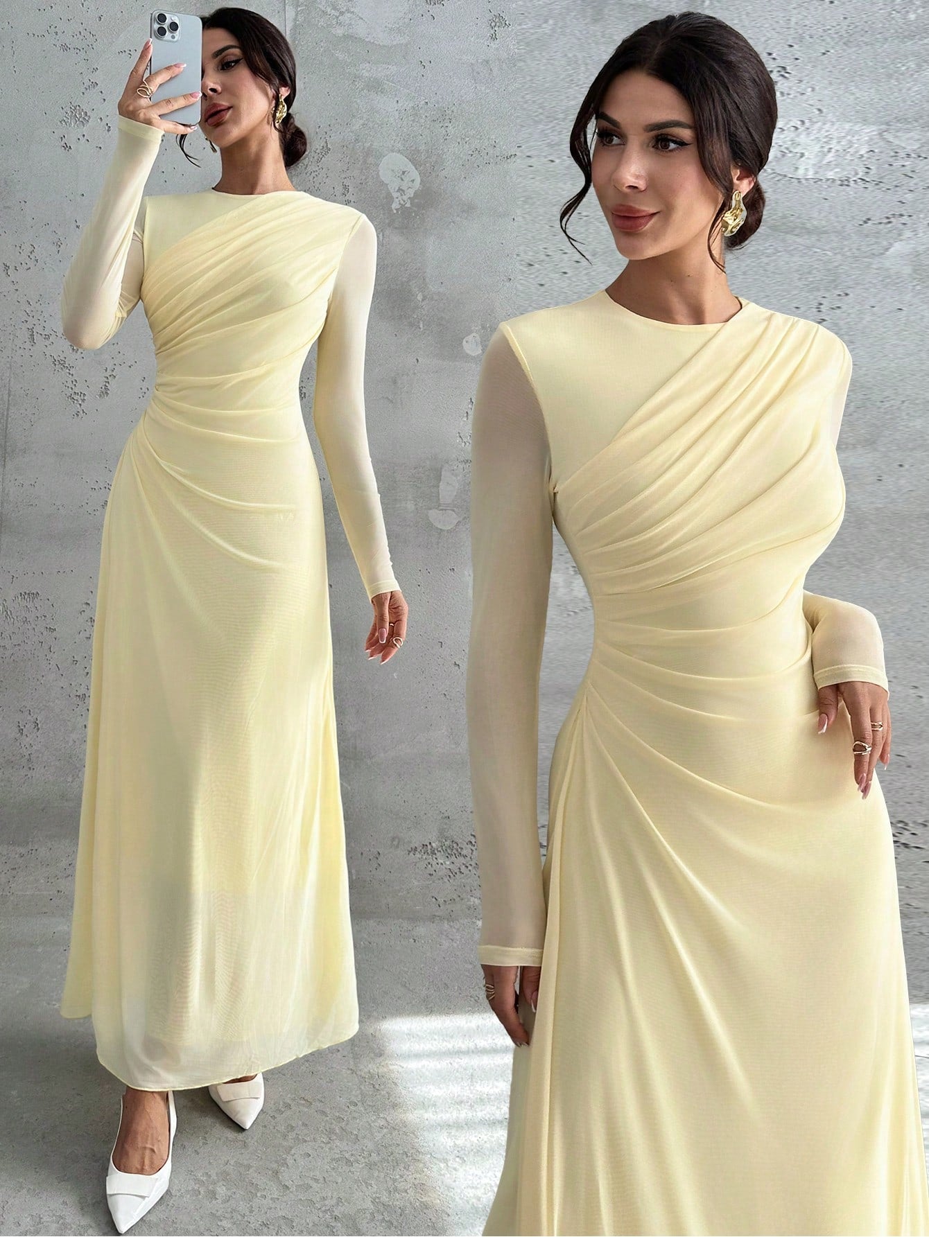 Firerie Women's Pale Yellow Autumn Elegant Dining Dinner Maxi Dress,Modest Round Neck Long Sleeve Mesh Waist Pleated A-Line Formal Office Party Christmas