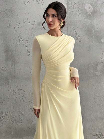 Firerie Women's Pale Yellow Autumn Elegant Dining Dinner Maxi Dress,Modest Round Neck Long Sleeve Mesh Waist Pleated A-Line Formal Office Party Christmas
