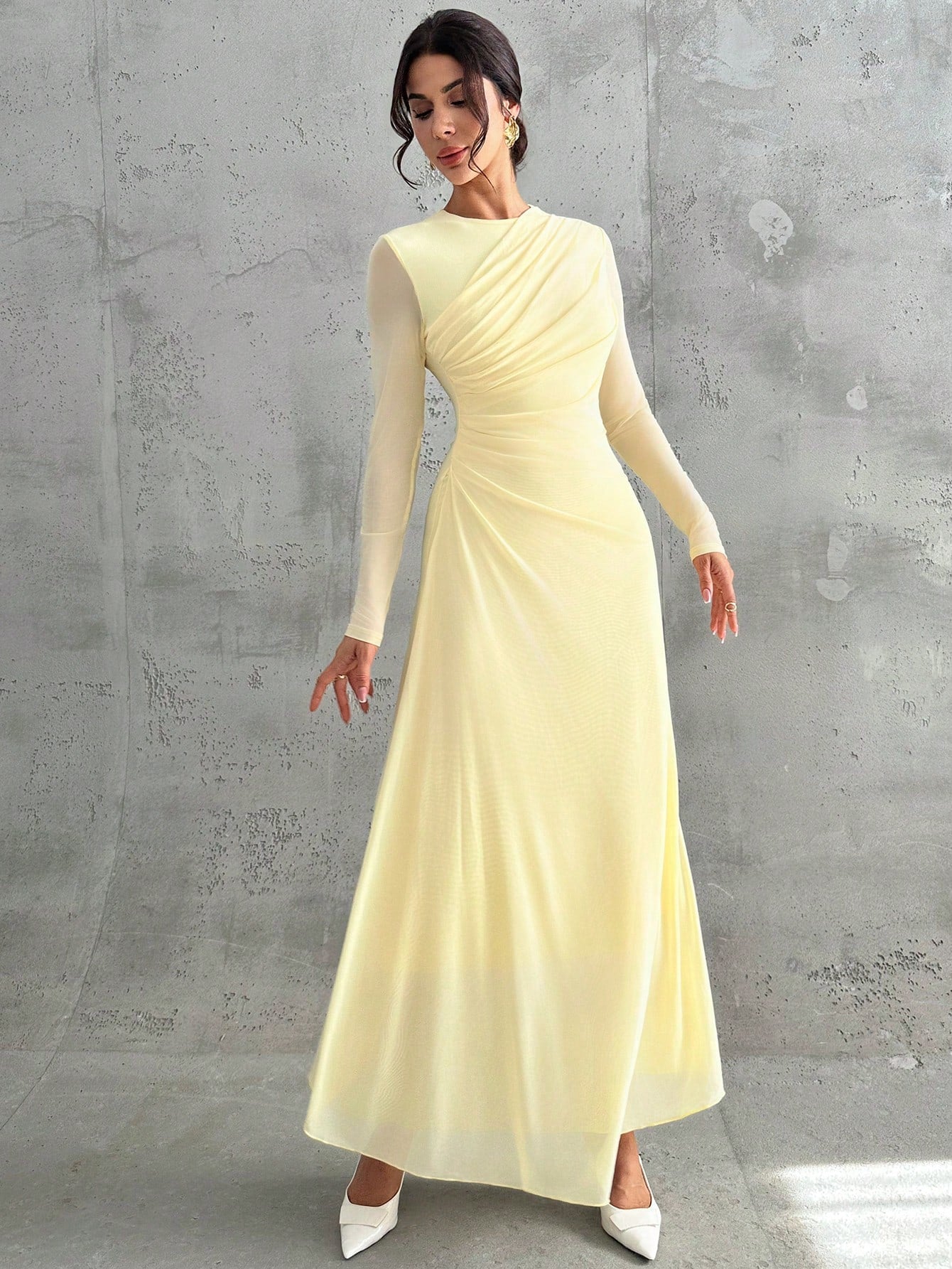 Firerie Women's Pale Yellow Autumn Elegant Dining Dinner Maxi Dress,Modest Round Neck Long Sleeve Mesh Waist Pleated A-Line Formal Office Party Christmas