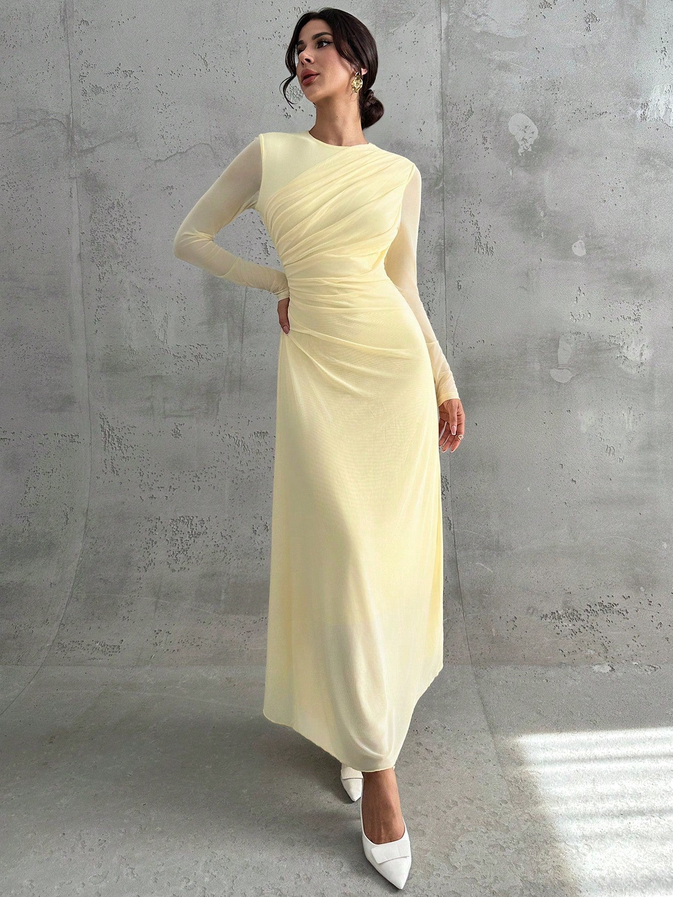 Firerie Women's Pale Yellow Autumn Elegant Dining Dinner Maxi Dress,Modest Round Neck Long Sleeve Mesh Waist Pleated A-Line Formal Office Party Christmas