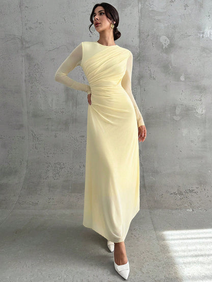 Firerie Women's Pale Yellow Autumn Elegant Dining Dinner Maxi Dress,Modest Round Neck Long Sleeve Mesh Waist Pleated A-Line Formal Office Party Christmas
