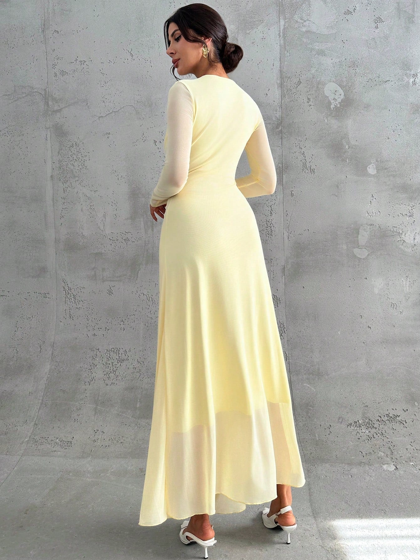 Firerie Women's Pale Yellow Autumn Elegant Dining Dinner Maxi Dress,Modest Round Neck Long Sleeve Mesh Waist Pleated A-Line Formal Office Party Christmas