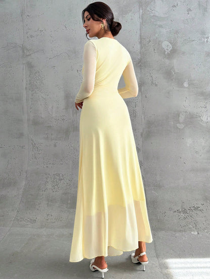 Firerie Women's Pale Yellow Autumn Elegant Dining Dinner Maxi Dress,Modest Round Neck Long Sleeve Mesh Waist Pleated A-Line Formal Office Party Christmas
