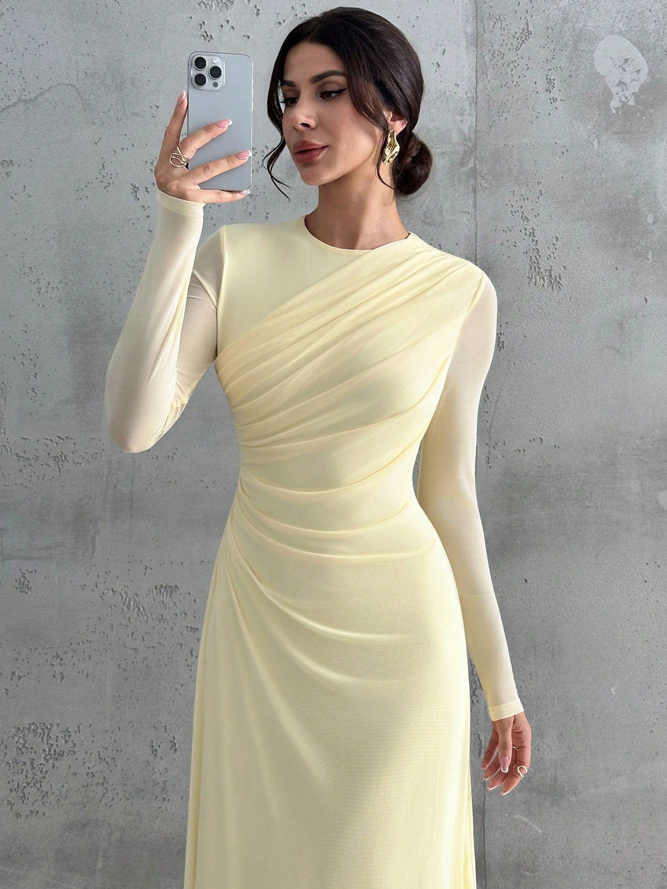 Firerie Women's Pale Yellow Autumn Elegant Dining Dinner Maxi Dress,Modest Round Neck Long Sleeve Mesh Waist Pleated A-Line Formal Office Party Christmas