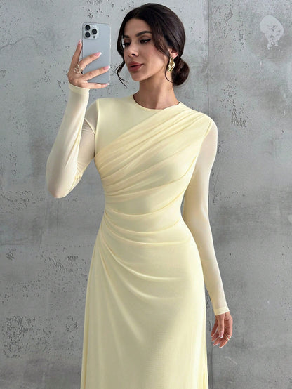 Firerie Women's Pale Yellow Autumn Elegant Dining Dinner Maxi Dress,Modest Round Neck Long Sleeve Mesh Waist Pleated A-Line Formal Office Party Christmas