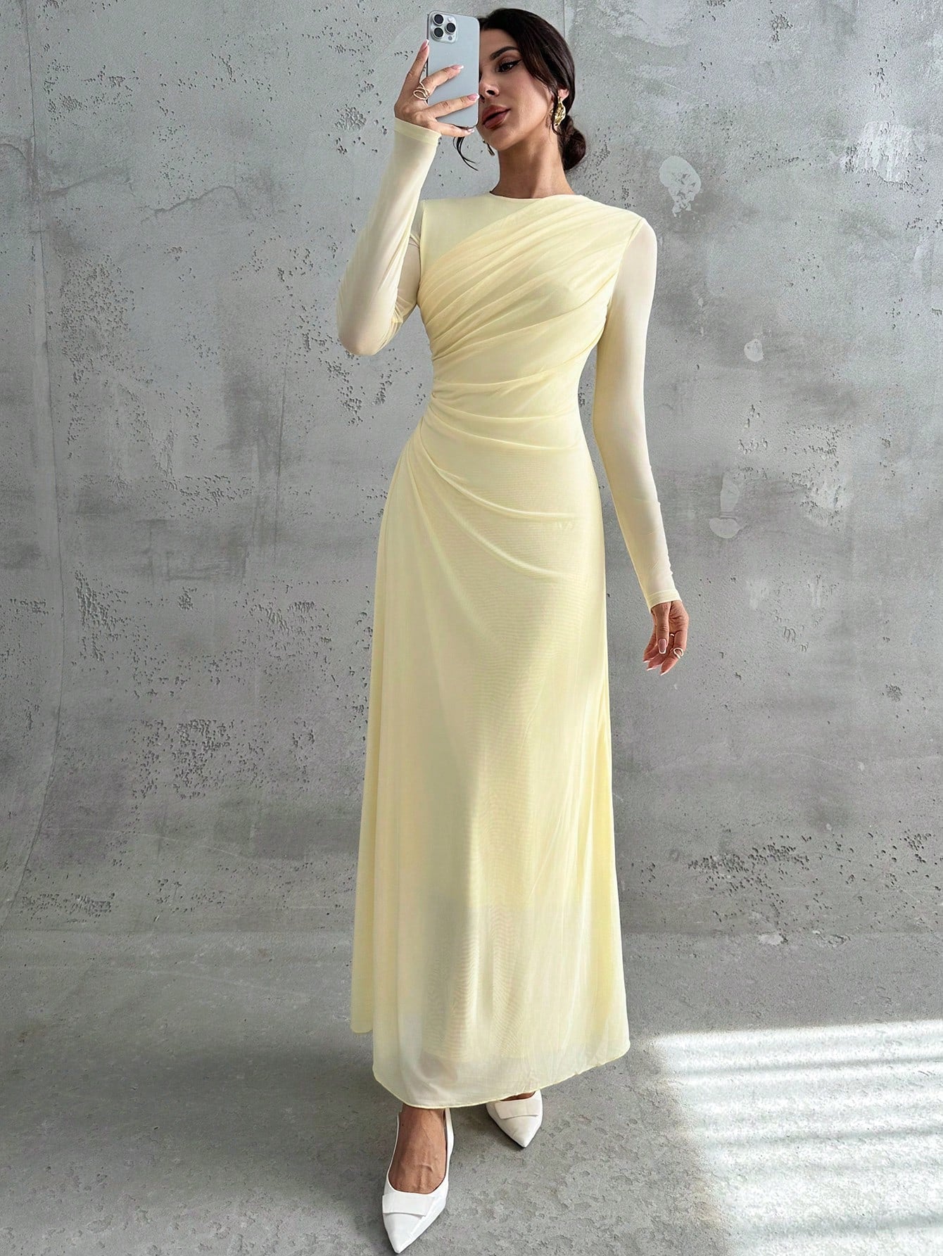 Firerie Women's Pale Yellow Autumn Elegant Dining Dinner Maxi Dress,Modest Round Neck Long Sleeve Mesh Waist Pleated A-Line Formal Office Party Christmas