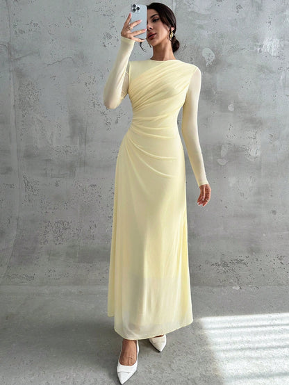 Firerie Women's Pale Yellow Autumn Elegant Dining Dinner Maxi Dress,Modest Round Neck Long Sleeve Mesh Waist Pleated A-Line Formal Office Party Christmas