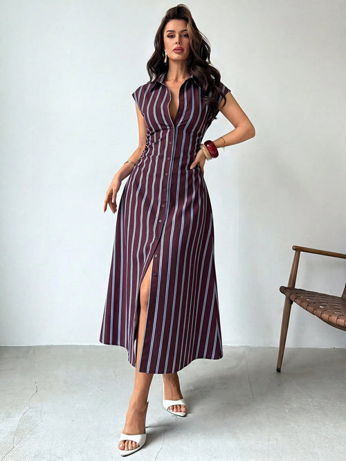 Firerie Women's Summer Casual Commute Striped Front Button Midi Dress