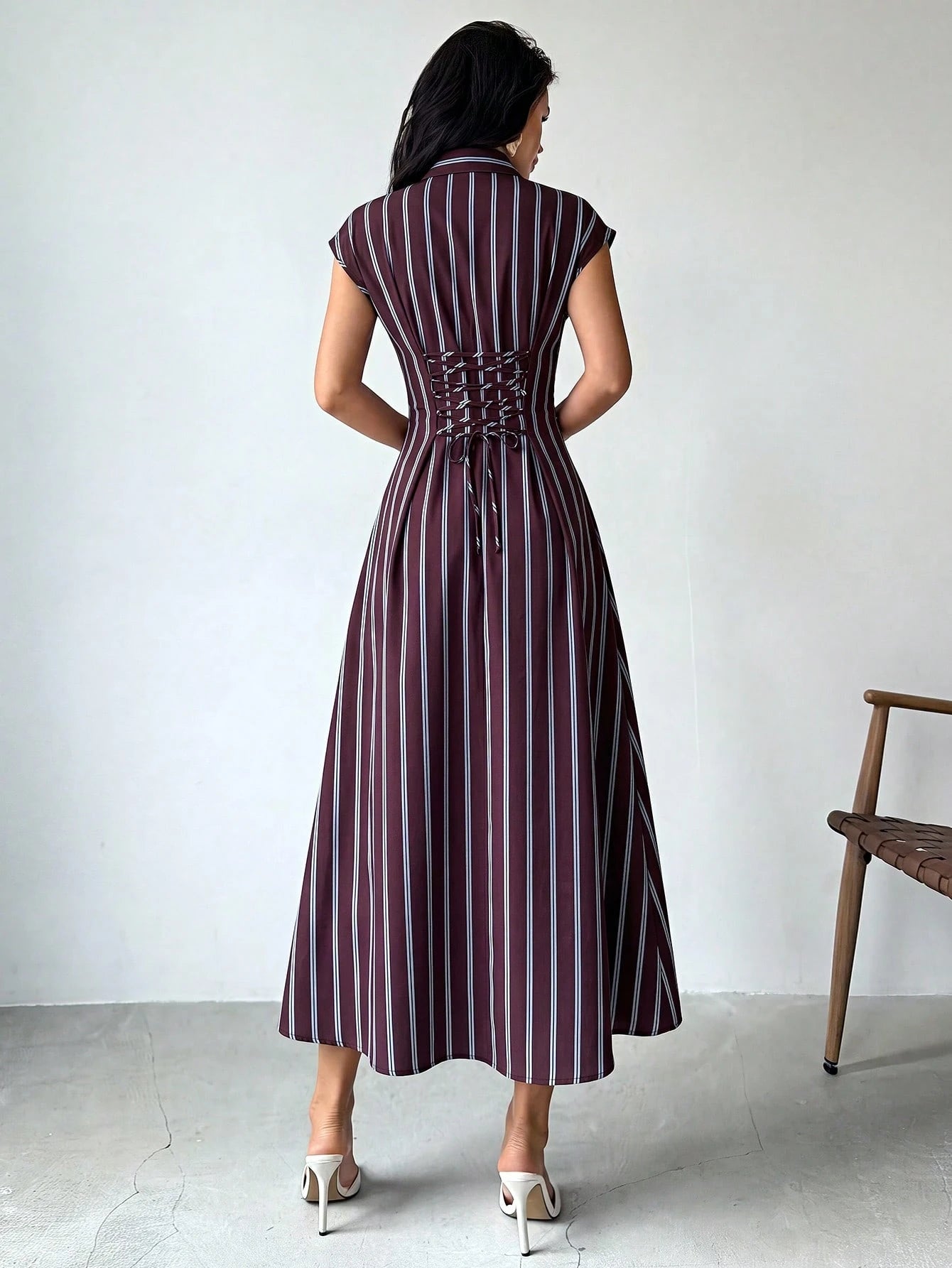 Firerie Women's Summer Casual Commute Striped Front Button Midi Dress