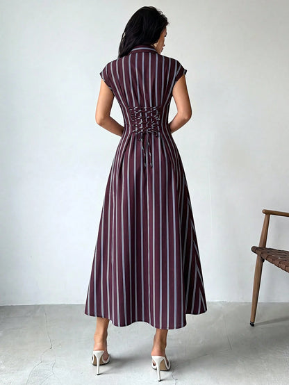 Firerie Women's Summer Casual Commute Striped Front Button Midi Dress