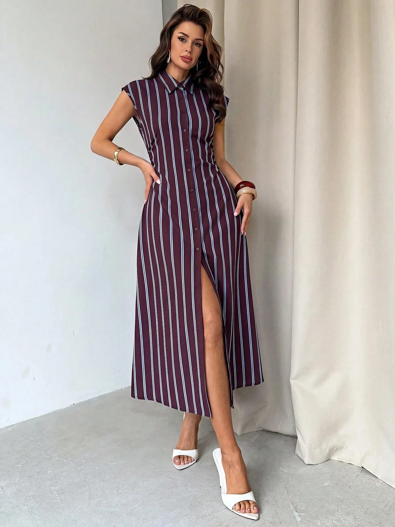Firerie Women's Summer Casual Commute Striped Front Button Midi Dress