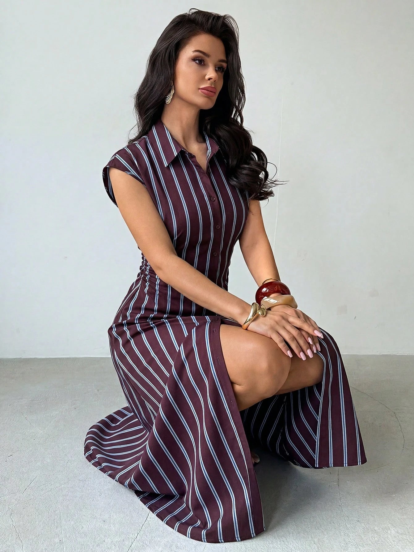 Firerie Women's Summer Casual Commute Striped Front Button Midi Dress