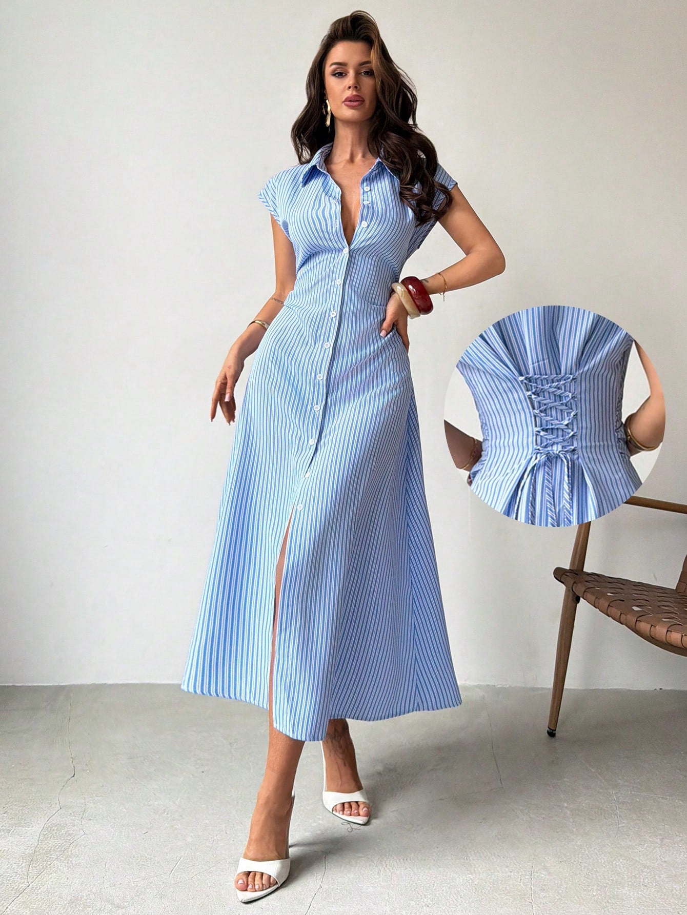 Firerie Women's Summer Casual Commute Striped Front Button Midi Dress