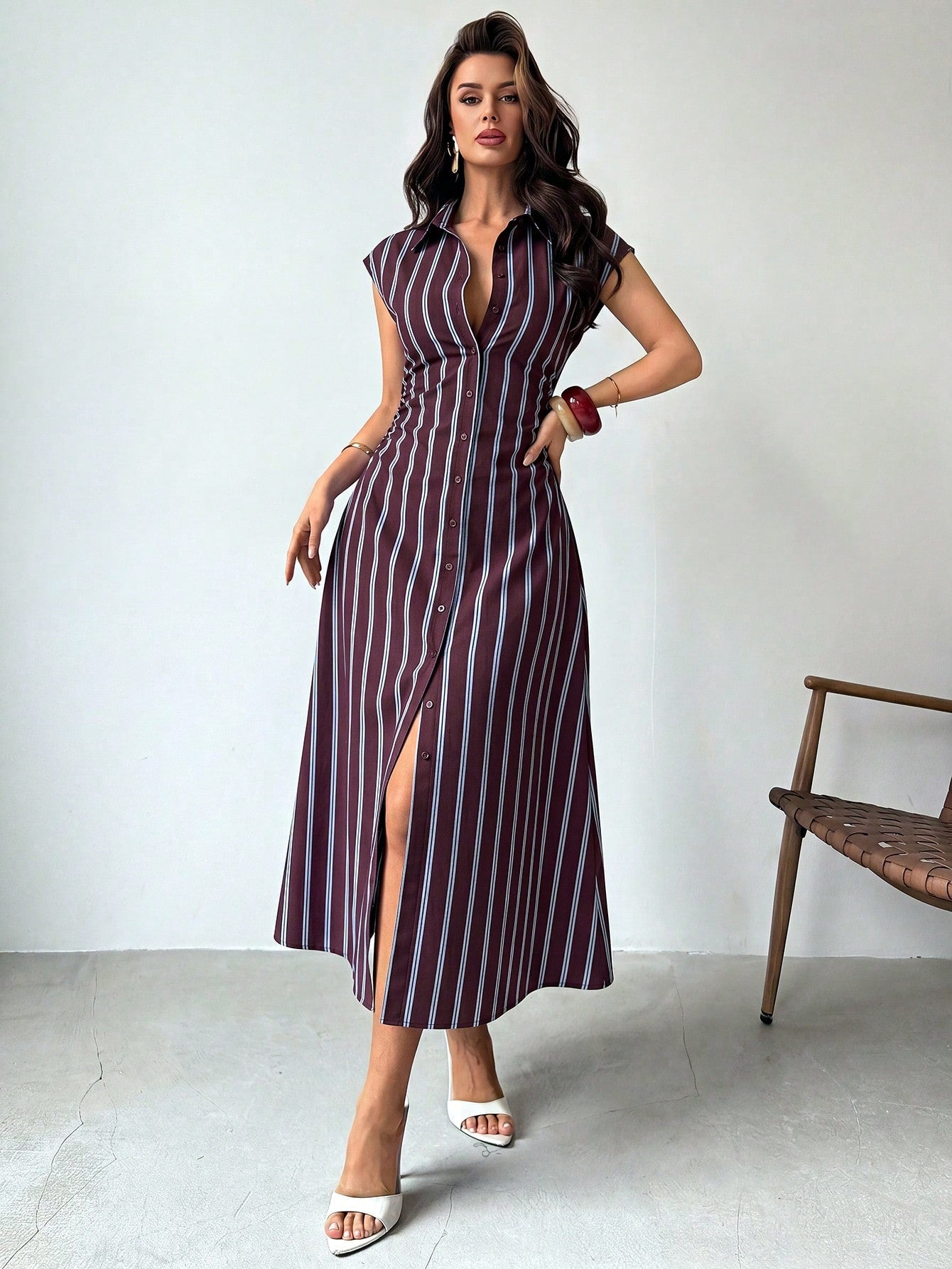 Firerie Women's Summer Casual Commute Striped Front Button Midi Dress