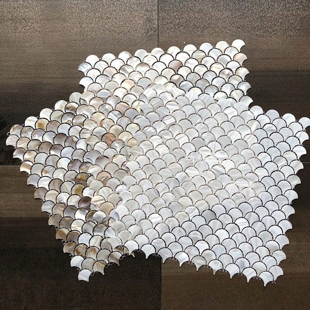 Fish Scale Fan-Shaped Natural Shell Mosaic Tile Wall Sticker For Bathroom, Entrance Hall, Living Room, TV Background Wall Decoration, Full-Body Brick Wall Sticker(1 Sheet)